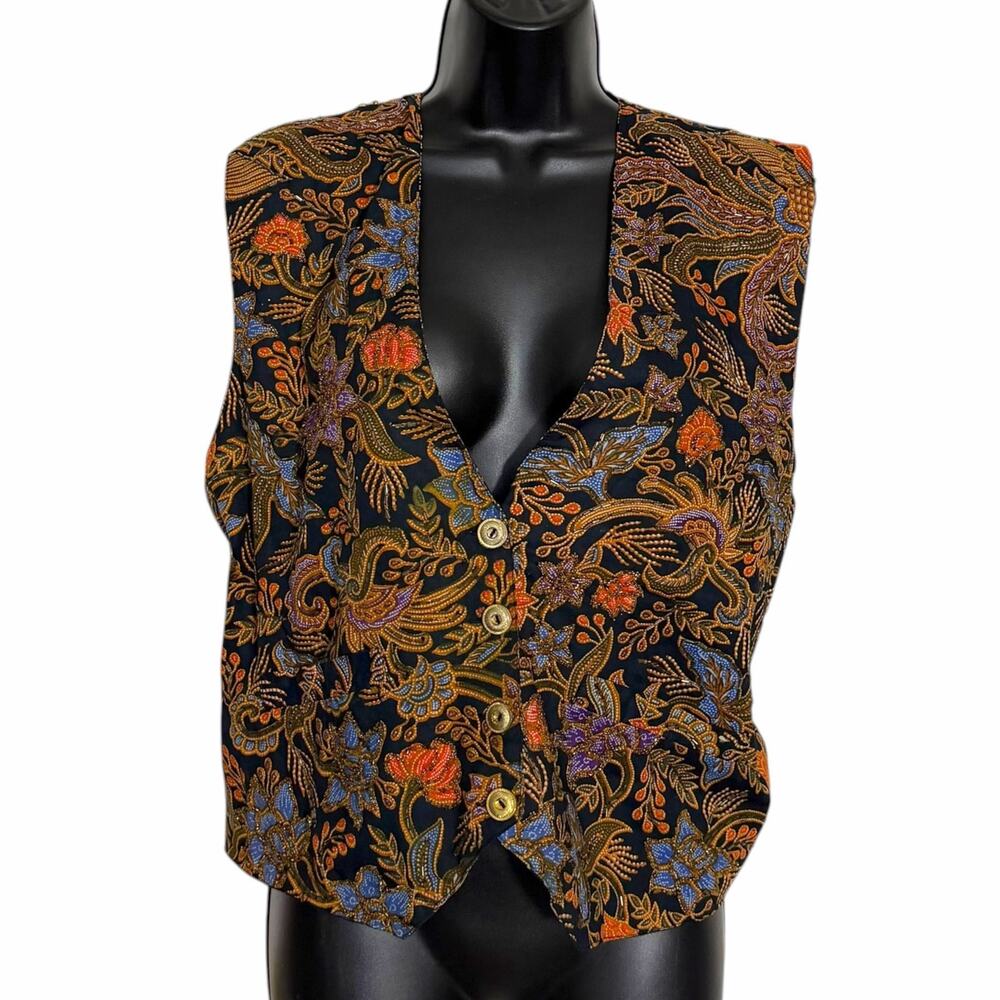 Vtg Creazioni Effeci Beaded Vest Boho Floral Cotton Indonesia L